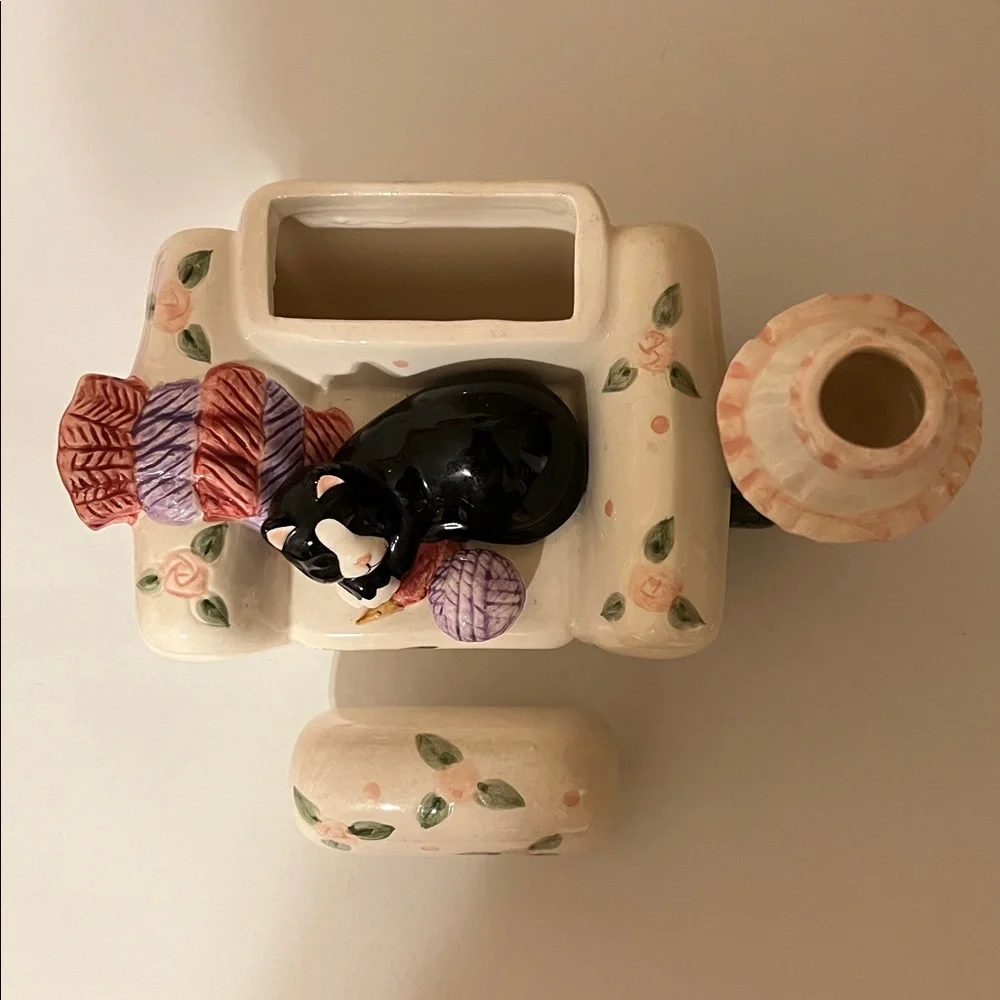Vintage World Bazaar Teapot Tuxedo Floral Cat Sleeping on Armchair. Like New